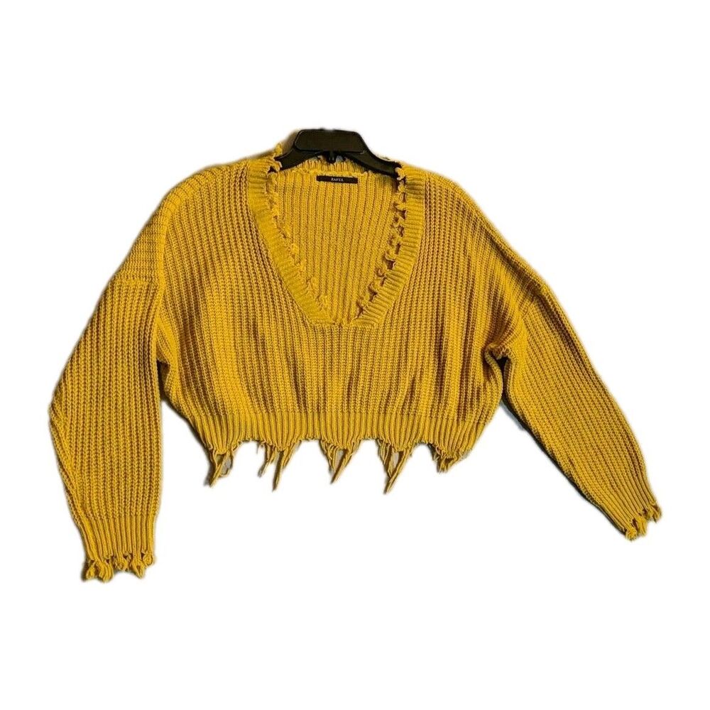 Boho Cropped Sweater Deep V-Neck Women Small Oversized Top Fringe Yellow Zaful S